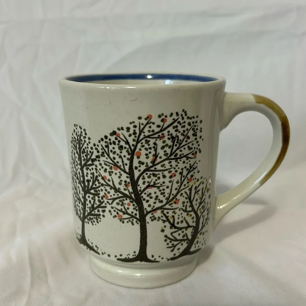 Tree with Fruit Coffee Cup Mug Tea Cup Blue Rim Stylistic Drawing Painted